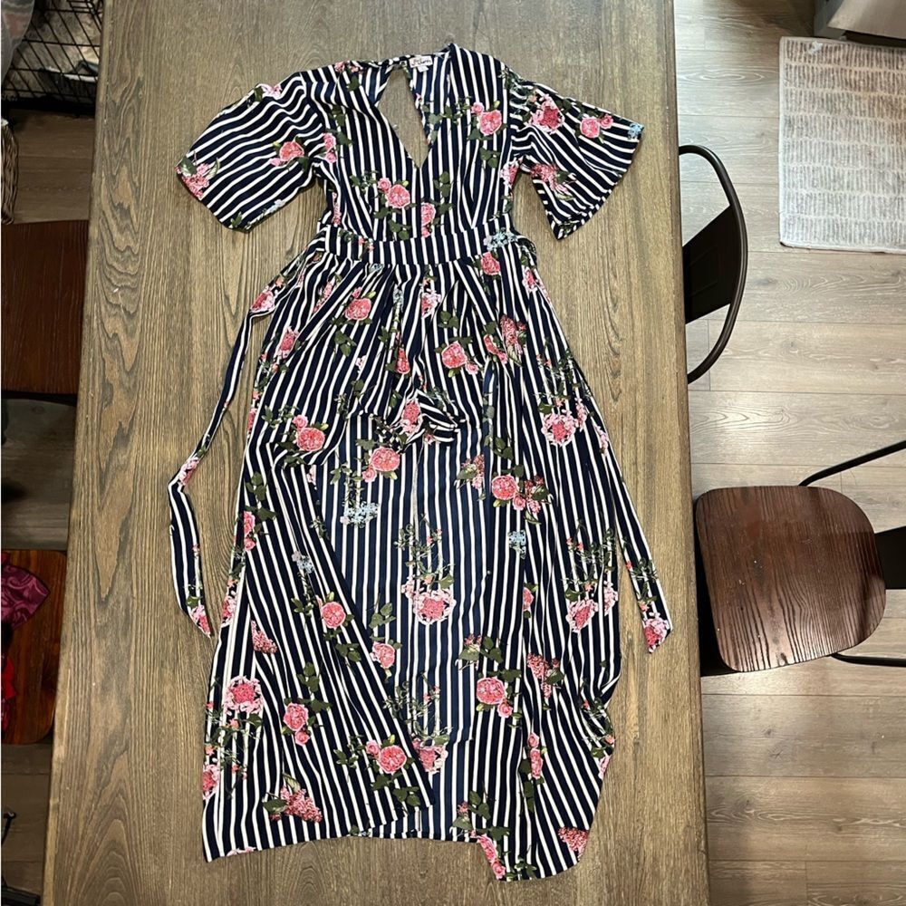 J For Justify Floral High-Low Romper Dress Flutter Sleeve Striped Navy White S